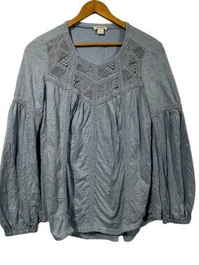 SUNDANCE  Royal Rosie Crinkle Top Crochet Lace Shirt Blouse Blue Sz S Boho